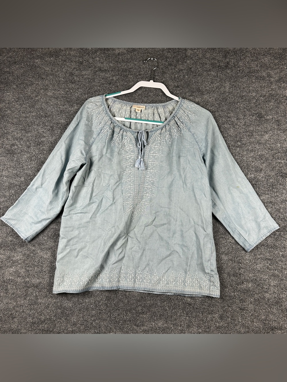 J Jill Denim Light Blue Embroidered 100% Tencel Chambray Tassel Tunic Top Size S
